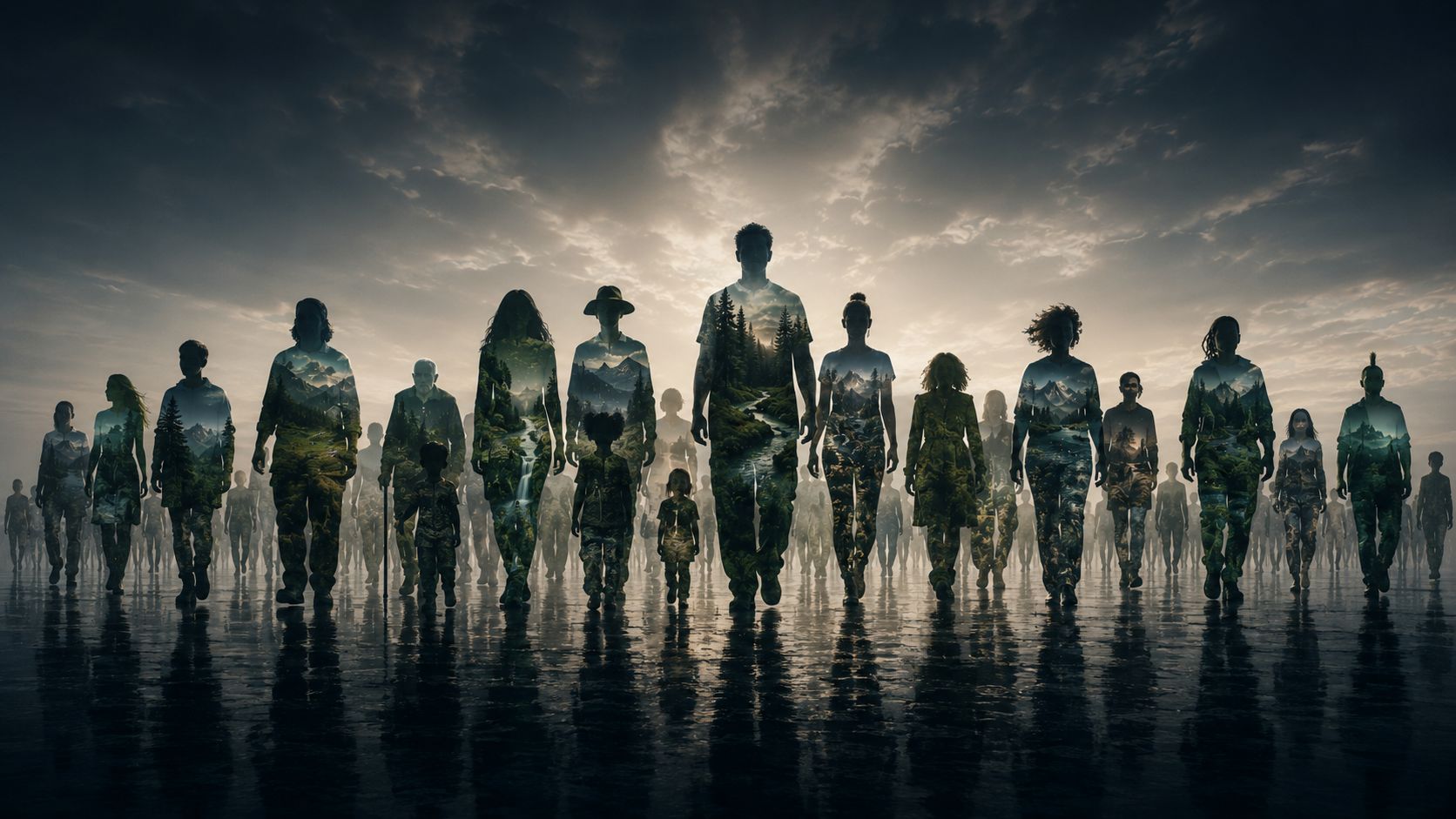 A group of people of all ages walking forward; their silhouettes contain forests, mountains and rivers in double exposure