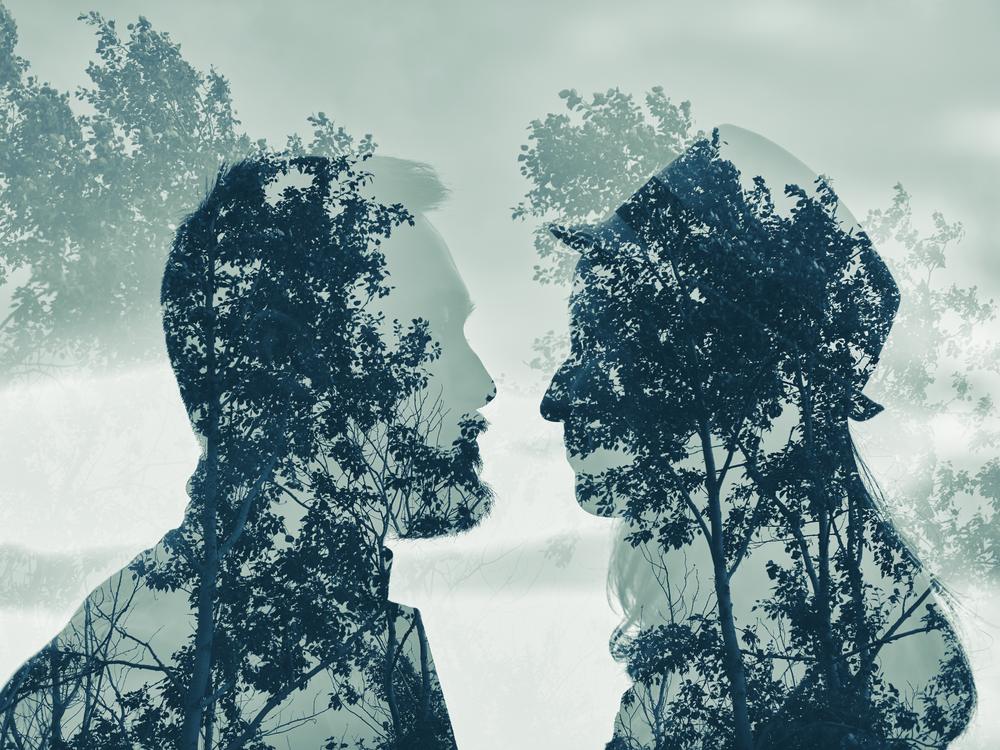 Two human silhouettes facing each other, merged with trees in double exposure